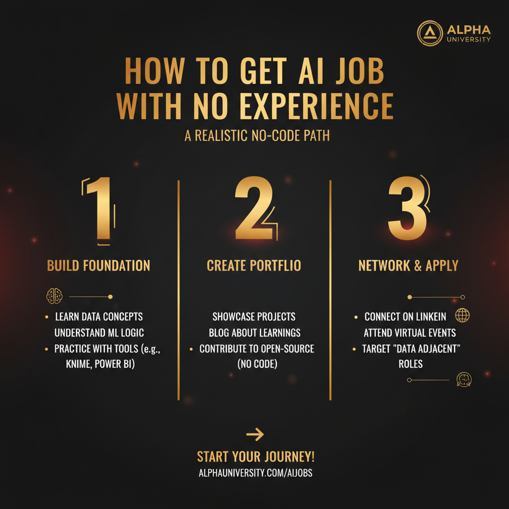 Infographic visualizing: How to Get an AI Job with No Experience (A Realistic No-Code Path)
