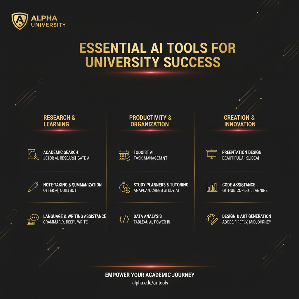 Infographic visualizing: Essential AI Tools for University Success