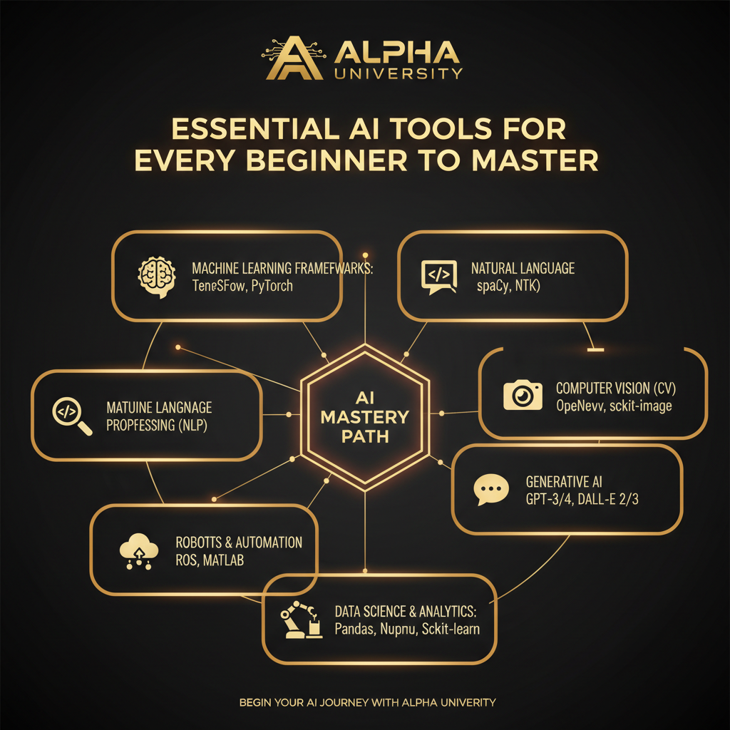 Infographic visualizing: Essential AI Tools for Every Beginner to Master