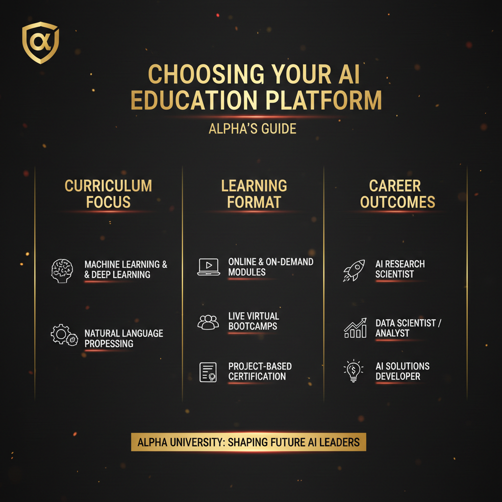 Infographic visualizing: Choosing Your AI Education Platform: Alpha's Guide