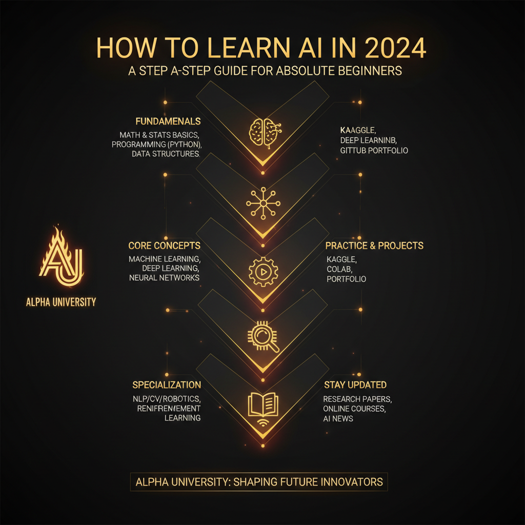 Infographic visualizing: How to Learn AI in 2024: A Step-by-Step Guide for Absolute Beginners