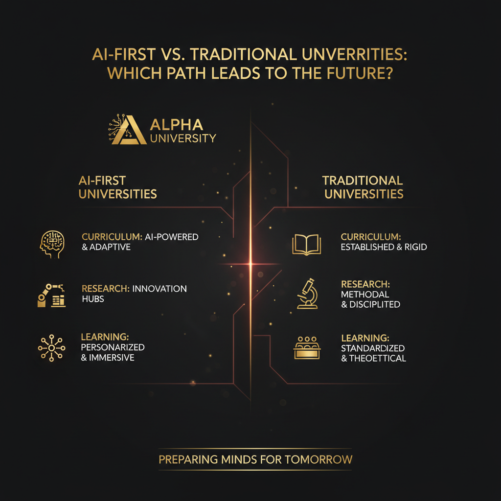 Infographic visualizing: AI-First vs. Traditional Universities: Which Path Leads to the Future?